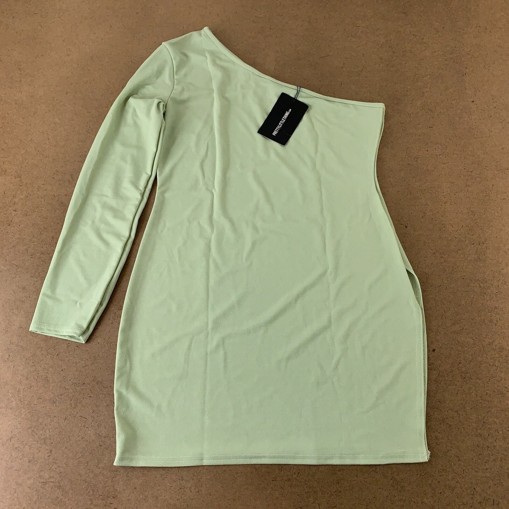 Pretty Little Thing Women's Size 12 Sage One Shoulder Split Detail Bodycon Dress